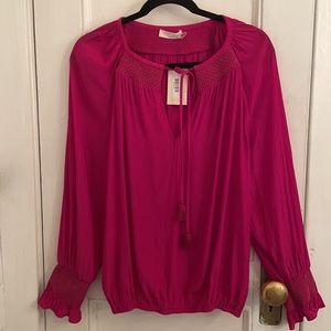 NWT Pink Ramy Brooke Embroidered Tie Front Blouse